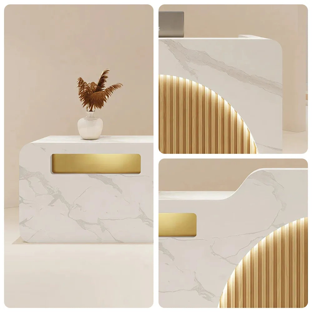 LUXORA Modern Reception Desk with Engraved Illuminated Stainless Steel Logo for Office Retail Store - Calacatta White & Natural Wood