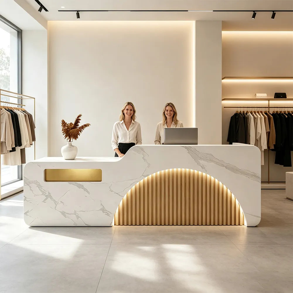 LUXORA Modern Reception Desk with Engraved Illuminated Stainless Steel Logo for Office Retail Store - Calacatta White & Natural Wood