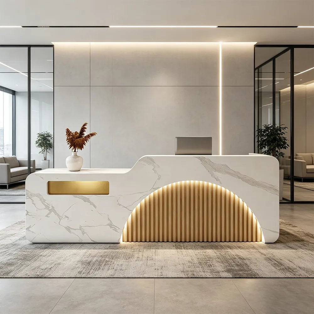 LUXORA Modern Reception Desk with Engraved Illuminated Stainless Steel Logo for Office Retail Store - Calacatta White & Natural Wood