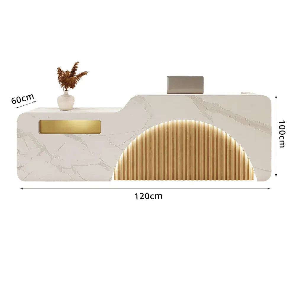 LUXORA Modern Reception Desk with Engraved Illuminated Stainless Steel Logo for Office Retail Store - Calacatta White & Natural Wood