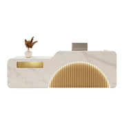 LUXORA Modern Reception Desk with Engraved Illuminated Stainless Steel Logo for Office Retail Store - Calacatta White & Natural Wood