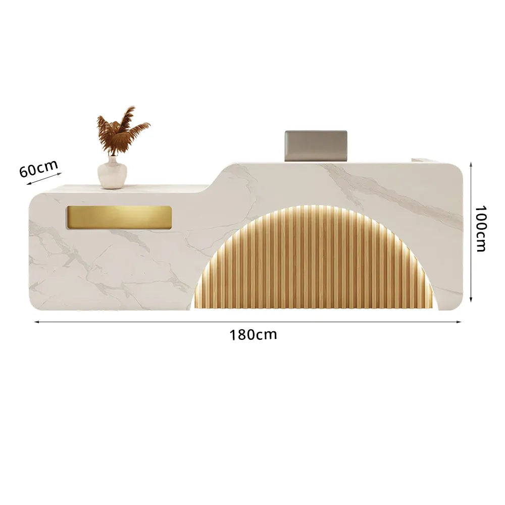 LUXORA Modern Reception Desk with Engraved Illuminated Stainless Steel Logo for Office Retail Store - Calacatta White & Natural Wood