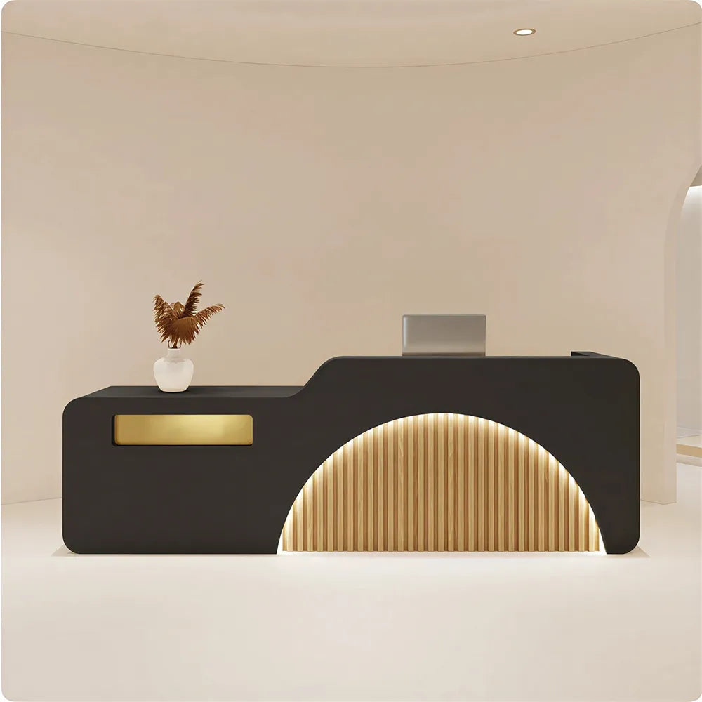 LUXORA Modern Reception Desk with Engraved Illuminated Stainless Steel Logo for Office Retail Store -Black & Natural Wood