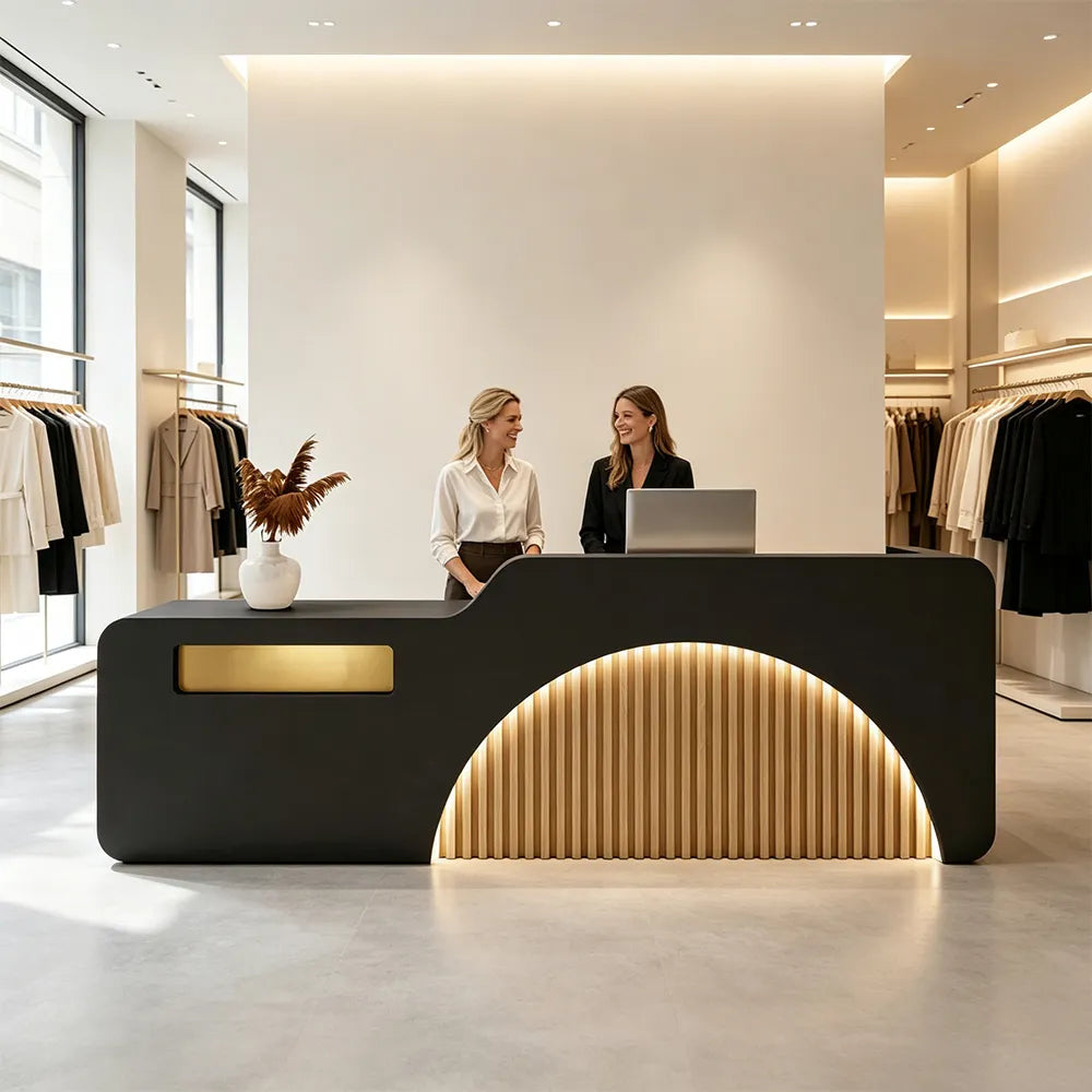 LUXORA Modern Reception Desk with Engraved Illuminated Stainless Steel Logo for Office Retail Store -Black & Natural Wood