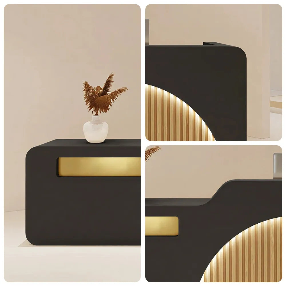 LUXORA Modern Reception Desk with Engraved Illuminated Stainless Steel Logo for Office Retail Store -Black & Natural Wood