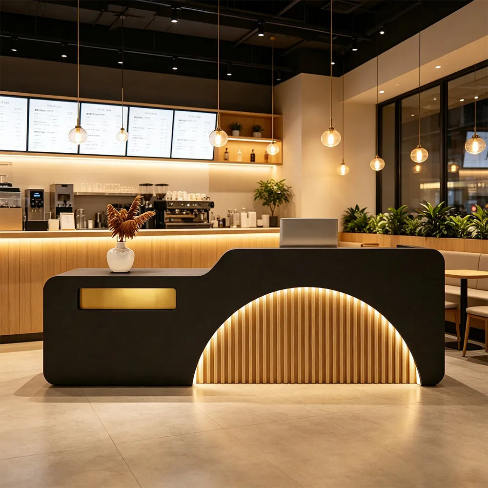 LUXORA Modern Reception Desk with Engraved Illuminated Stainless Steel Logo for Office Retail Store -Black & Natural Wood