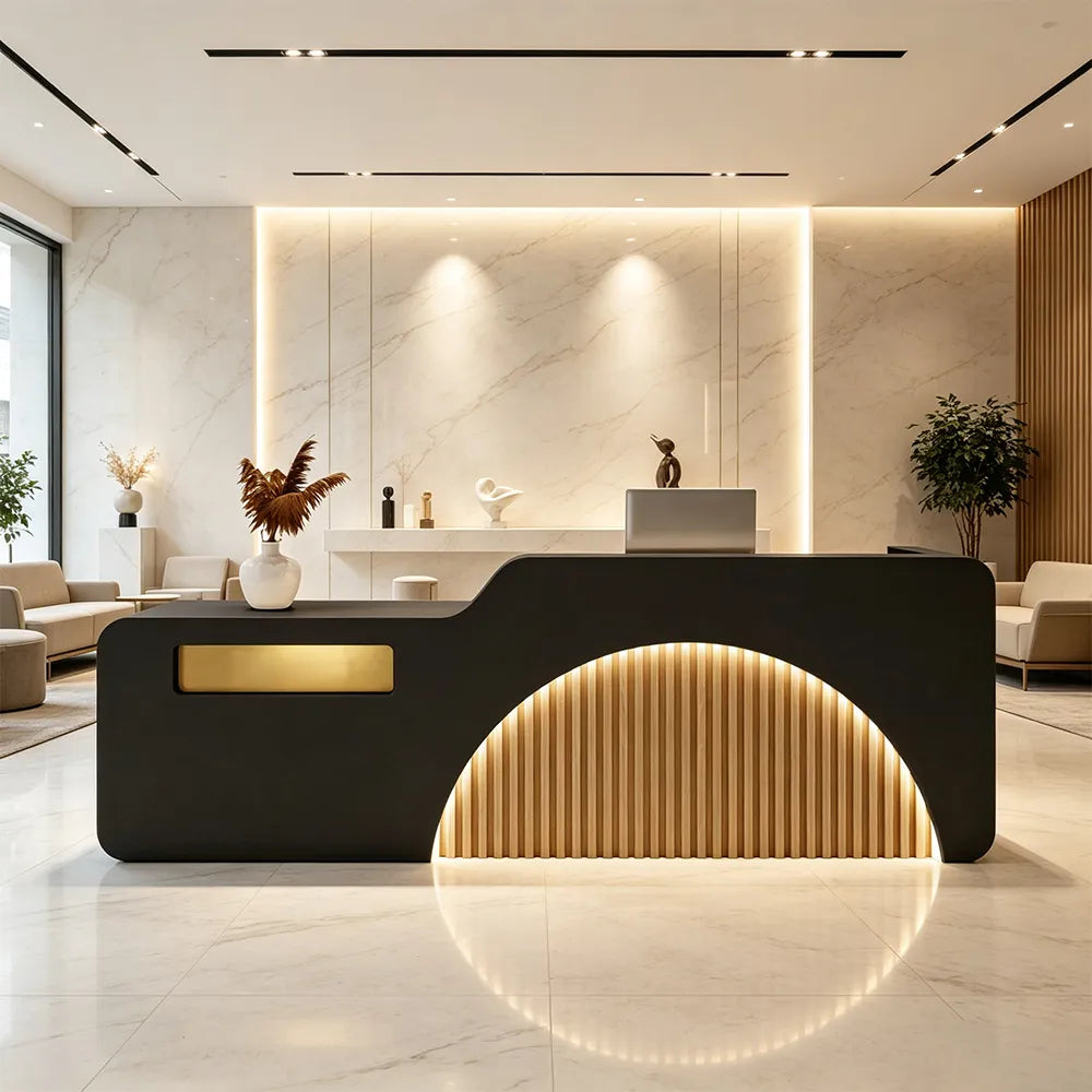 LUXORA Modern Reception Desk with Engraved Illuminated Stainless Steel Logo for Office Retail Store -Black & Natural Wood