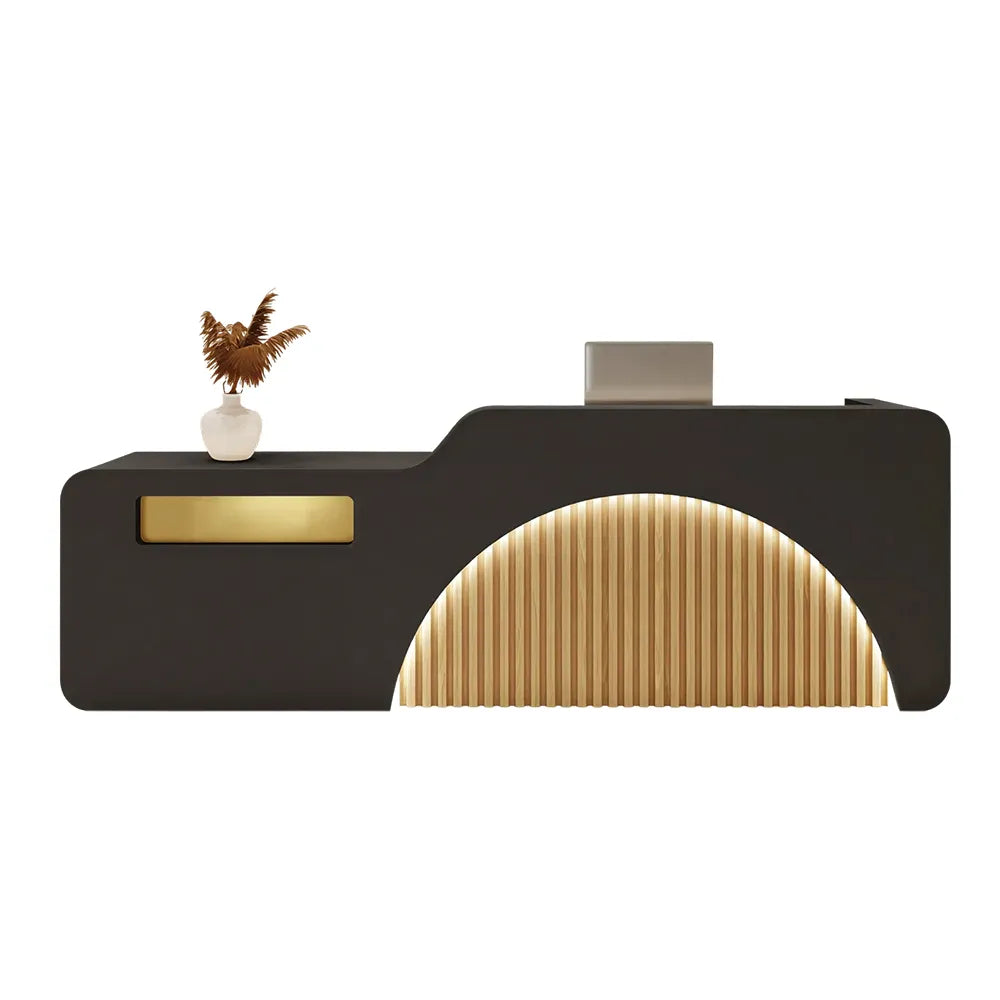 LUXORA Modern Reception Desk with Engraved Illuminated Stainless Steel Logo for Office Retail Store -Black & Natural Wood