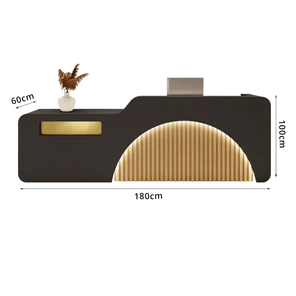 LUXORA Modern Reception Desk with Engraved Illuminated Stainless Steel Logo for Office Retail Store -Black & Natural Wood