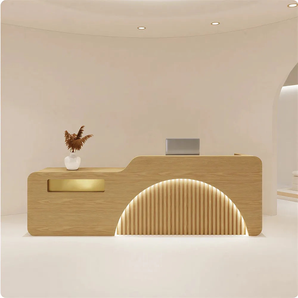 LUXORA Modern Reception Desk with Engraved Illuminated Stainless Steel Logo for Office Retail Store -Natural Wood