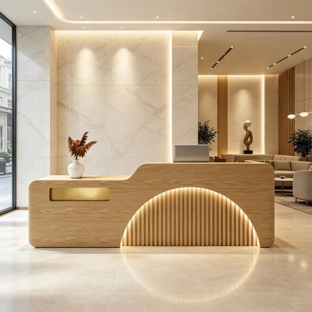 LUXORA Modern Reception Desk with Engraved Illuminated Stainless Steel Logo for Office Retail Store -Natural Wood