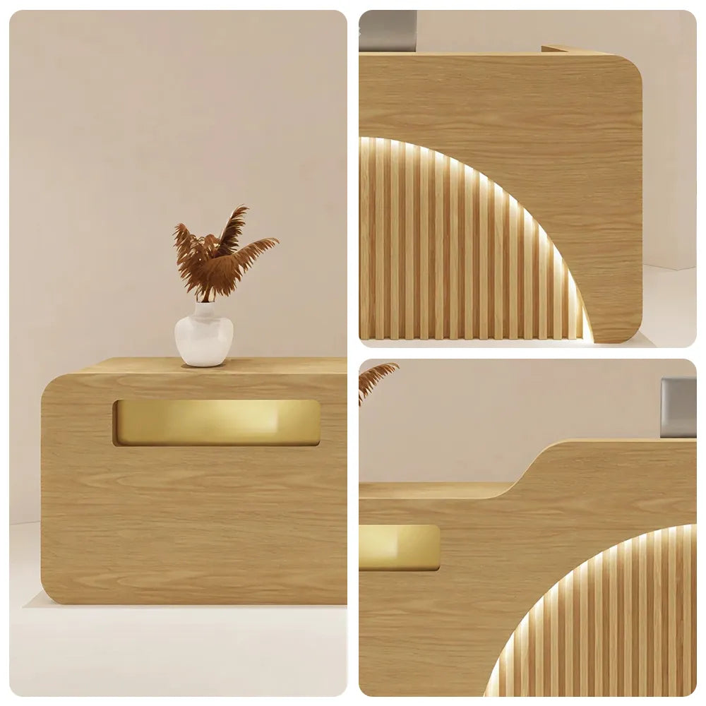 LUXORA Modern Reception Desk with Engraved Illuminated Stainless Steel Logo for Office Retail Store -Natural Wood