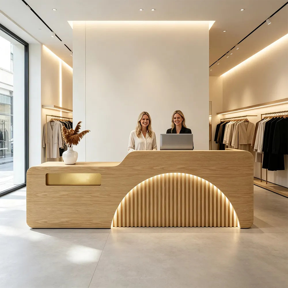 LUXORA Modern Reception Desk with Engraved Illuminated Stainless Steel Logo for Office Retail Store -Natural Wood