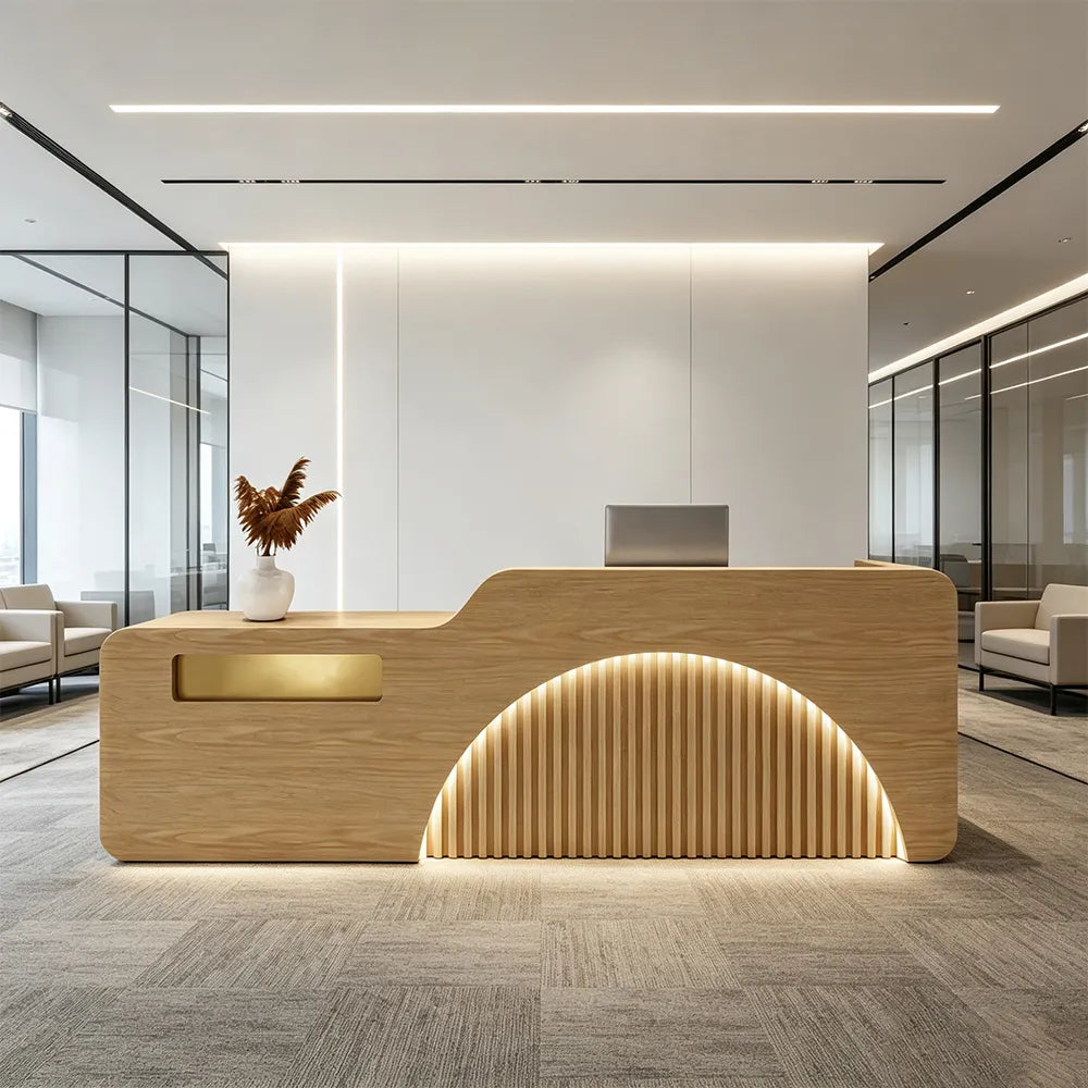 LUXORA Modern Reception Desk with Engraved Illuminated Stainless Steel Logo for Office Retail Store -Natural Wood
