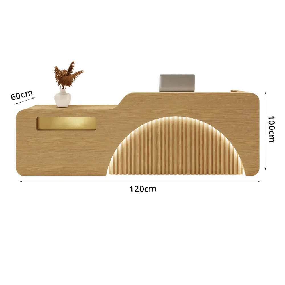 LUXORA Modern Reception Desk with Engraved Illuminated Stainless Steel Logo for Office Retail Store -Natural Wood