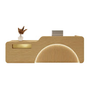 LUXORA Modern Reception Desk with Engraved Illuminated Stainless Steel Logo for Office Retail Store -Natural Wood