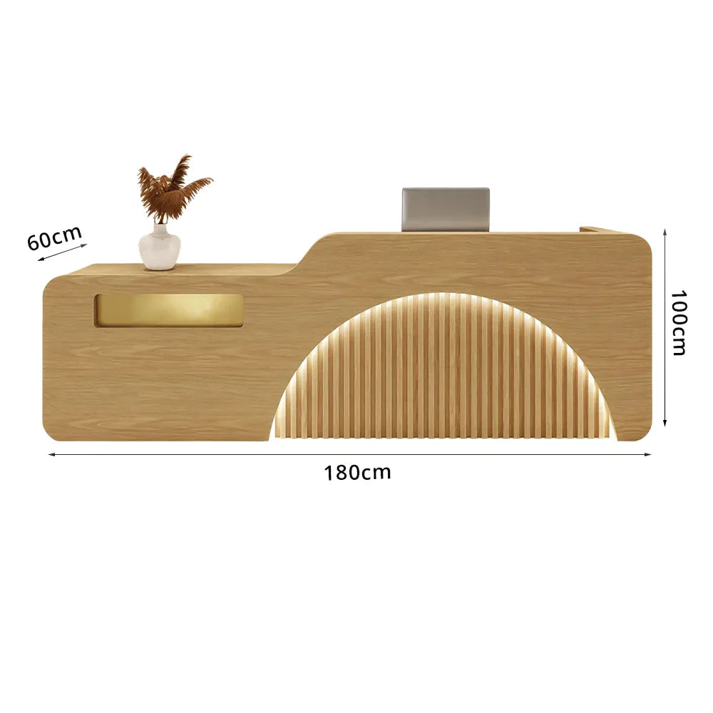 LUXORA Modern Reception Desk with Engraved Illuminated Stainless Steel Logo for Office Retail Store -Natural Wood