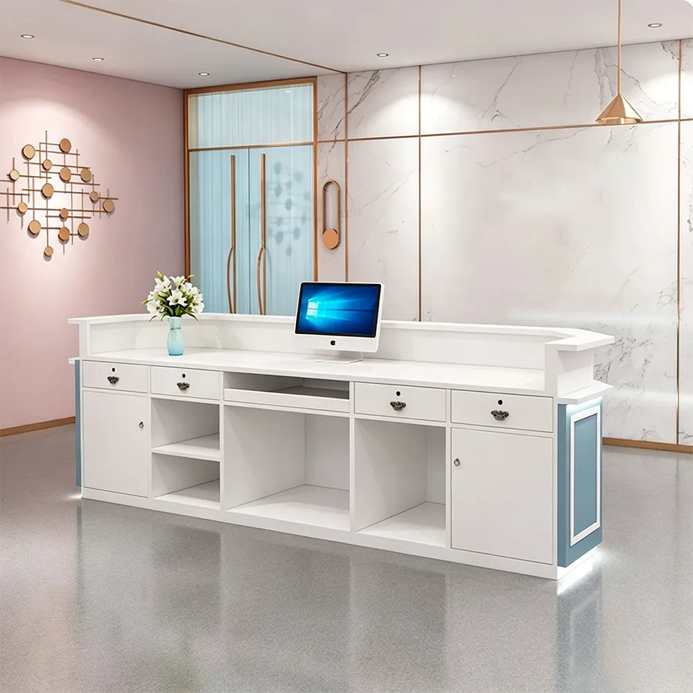 LUXORA Modern Reception Desk with LED Lighting and Panelled Front for Salon Retail Store Office - Blue & White