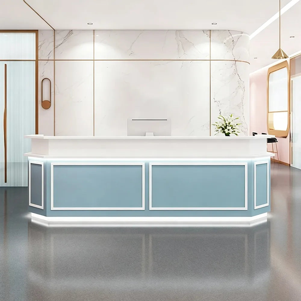 LUXORA Modern Reception Desk with LED Lighting and Panelled Front for Salon Retail Store Office - Blue & White