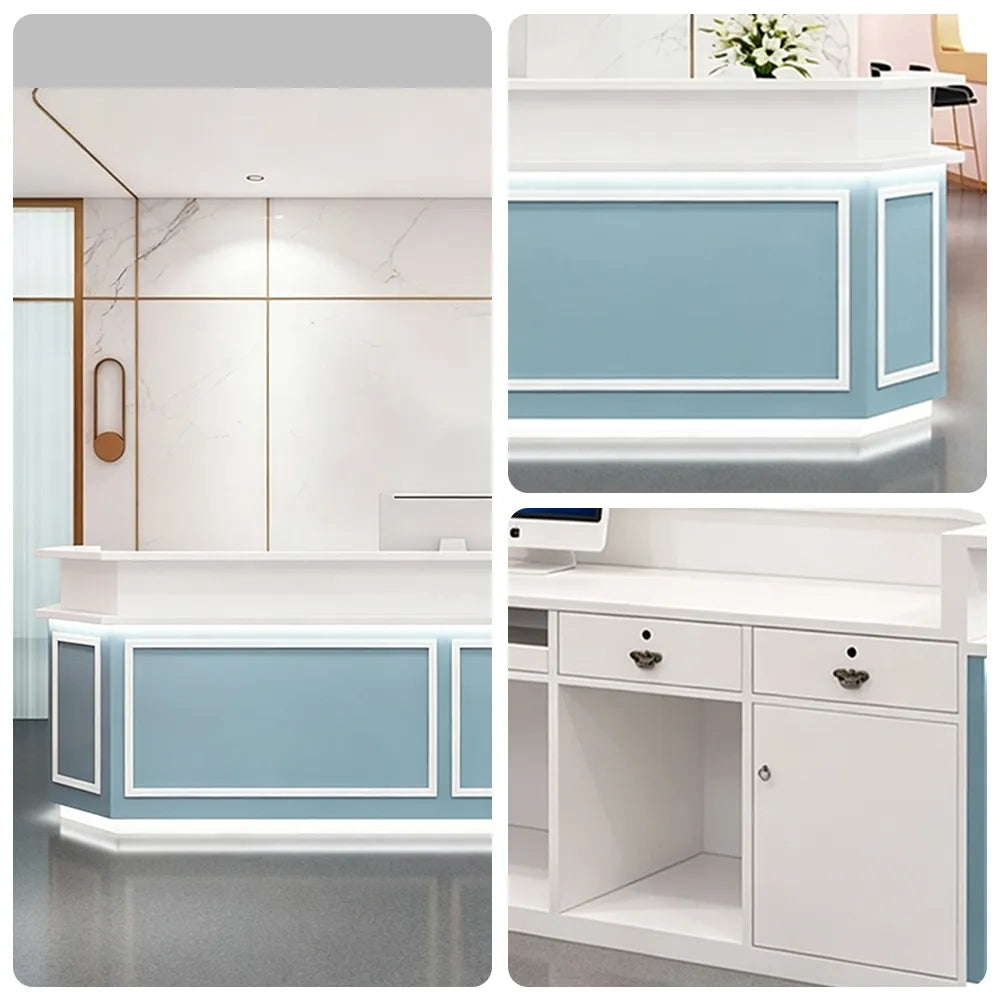 LUXORA Modern Reception Desk with LED Lighting and Panelled Front for Salon Retail Store Office - Blue & White