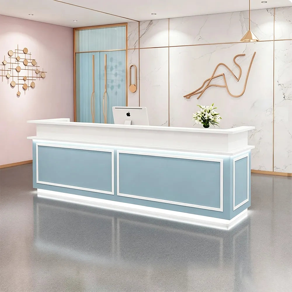 LUXORA Modern Reception Desk with LED Lighting and Panelled Front for Salon Retail Store Office - Blue & White