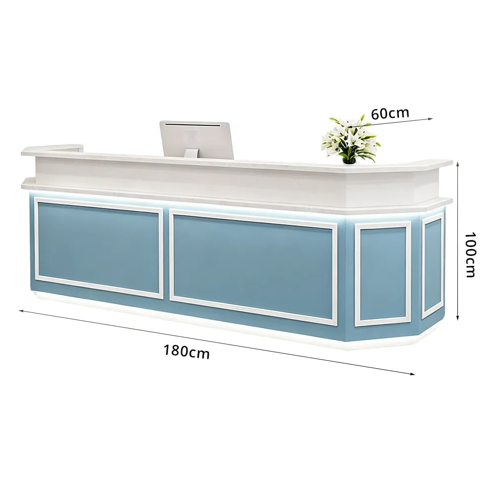 LUXORA Modern Reception Desk with LED Lighting and Panelled Front for Salon Retail Store Office - Blue & White