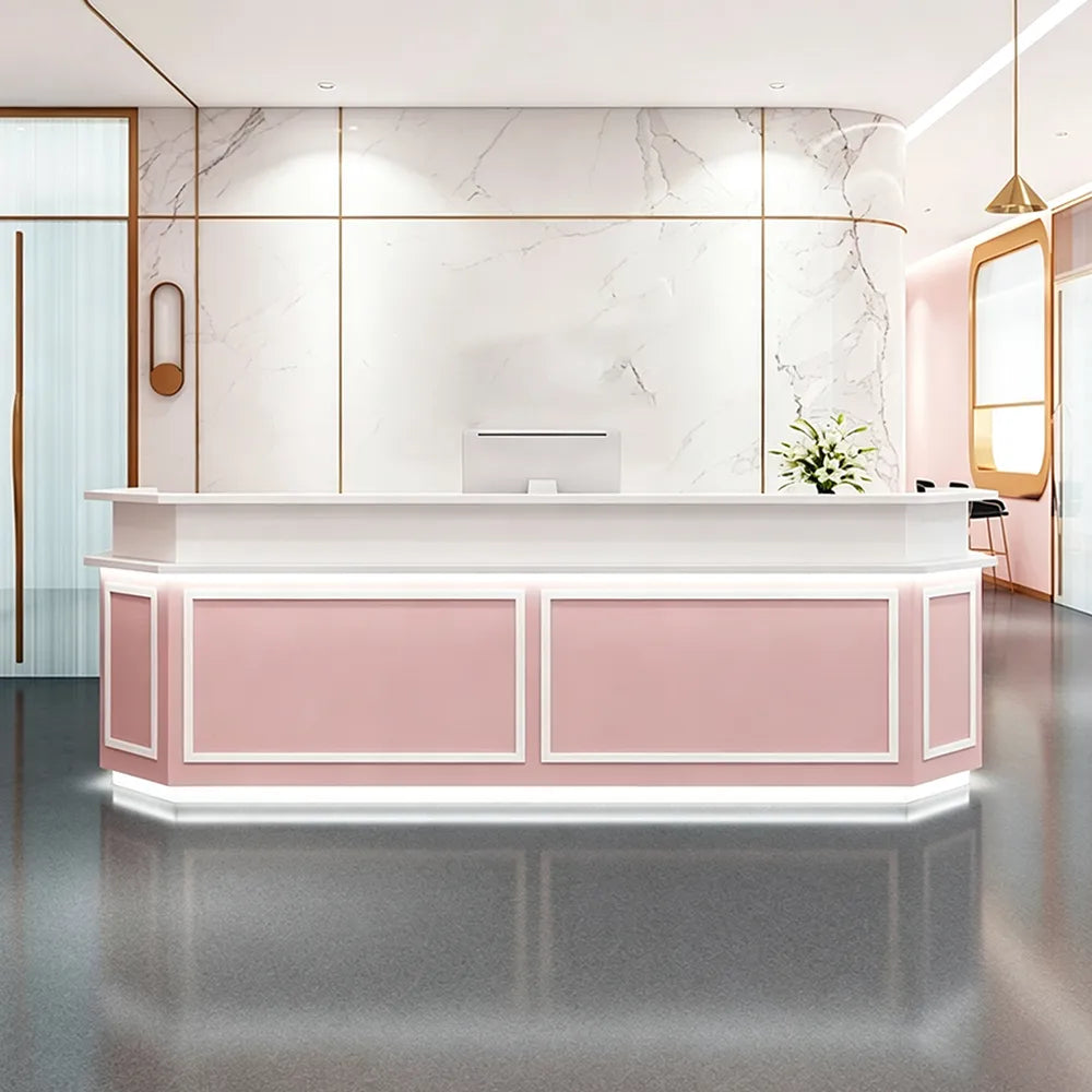 LUXORA Modern Reception Desk with LED Lighting and Panelled Front for Salon Retail Store Office - Pink & White