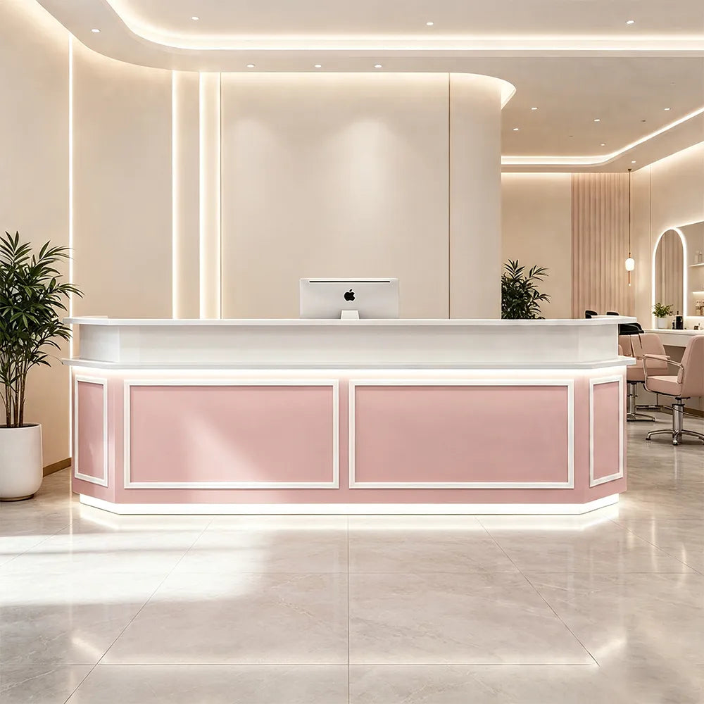 LUXORA Modern Reception Desk with LED Lighting and Panelled Front for Salon Retail Store Office - Pink & White