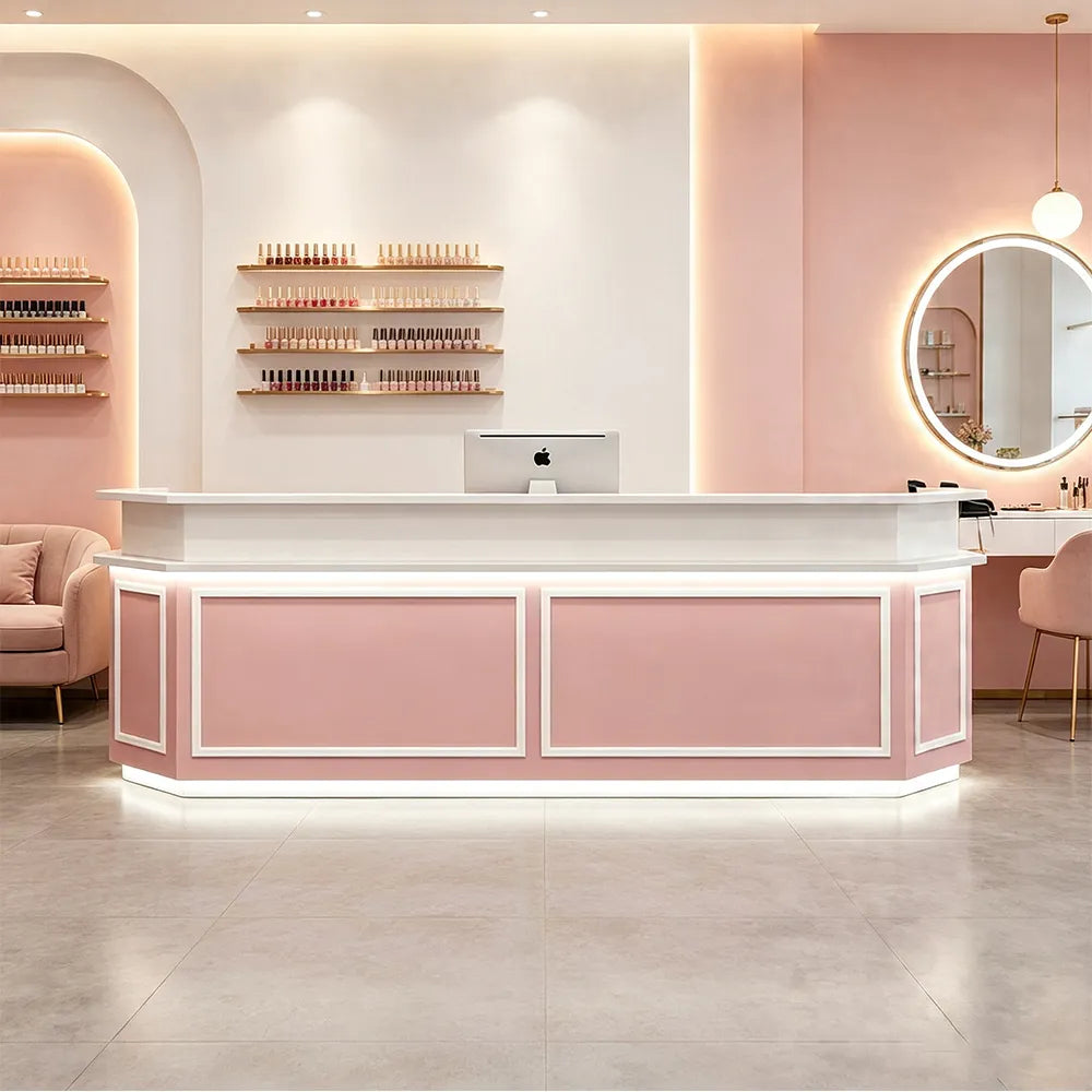LUXORA Modern Reception Desk with LED Lighting and Panelled Front for Salon Retail Store Office - Pink & White