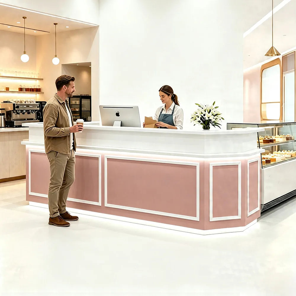 LUXORA Modern Reception Desk with LED Lighting and Panelled Front for Salon Retail Store Office - Pink & White