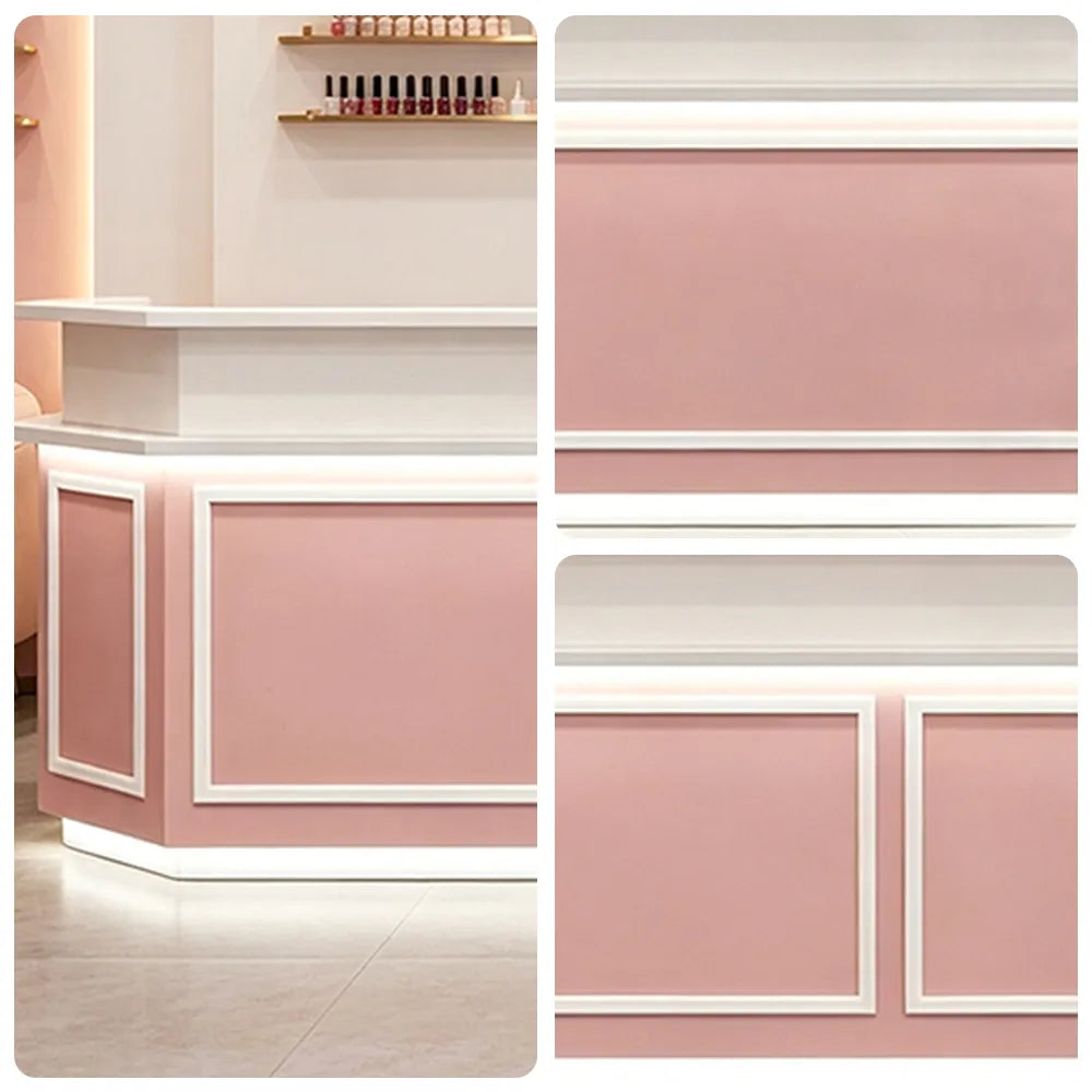 LUXORA Modern Reception Desk with LED Lighting and Panelled Front for Salon Retail Store Office - Pink & White