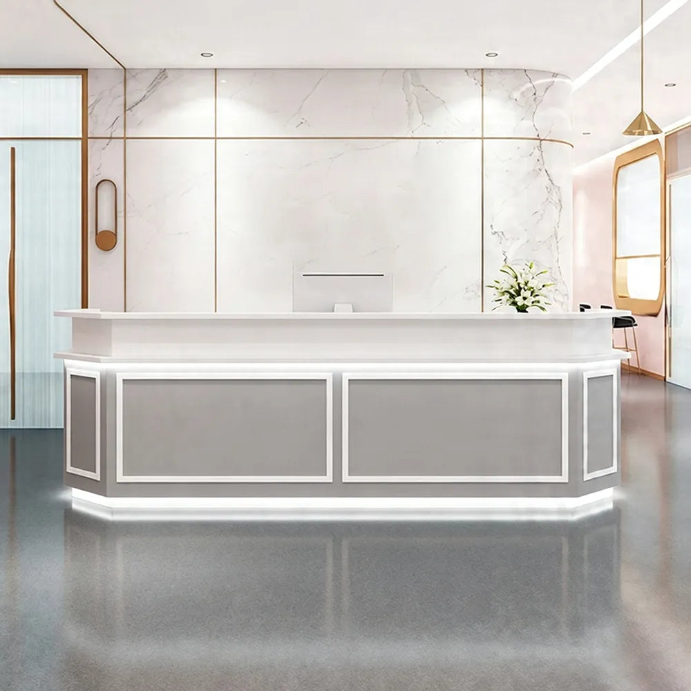 LUXORA Modern Reception Desk with LED Lighting and Panelled Front for Salon Retail Store Office - Grey & White