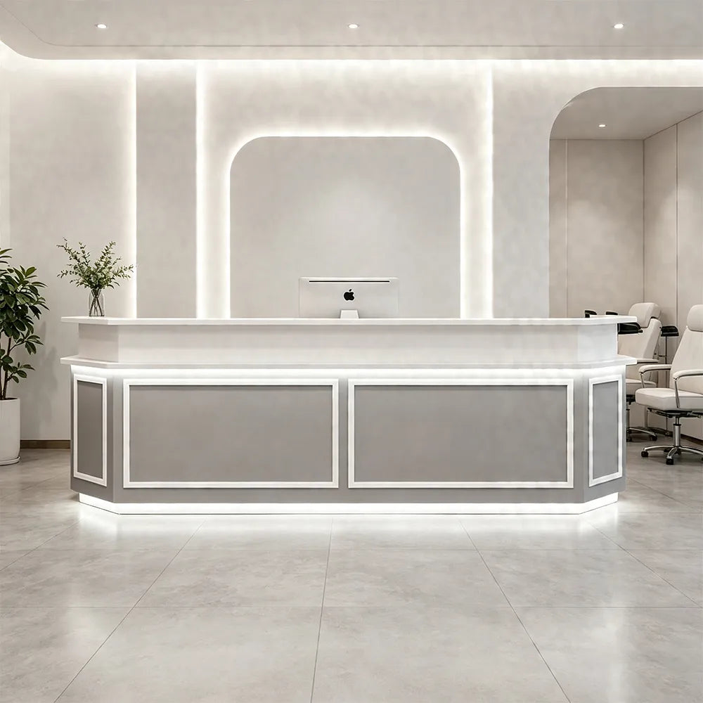 LUXORA Modern Reception Desk with LED Lighting and Panelled Front for Salon Retail Store Office - Grey & White