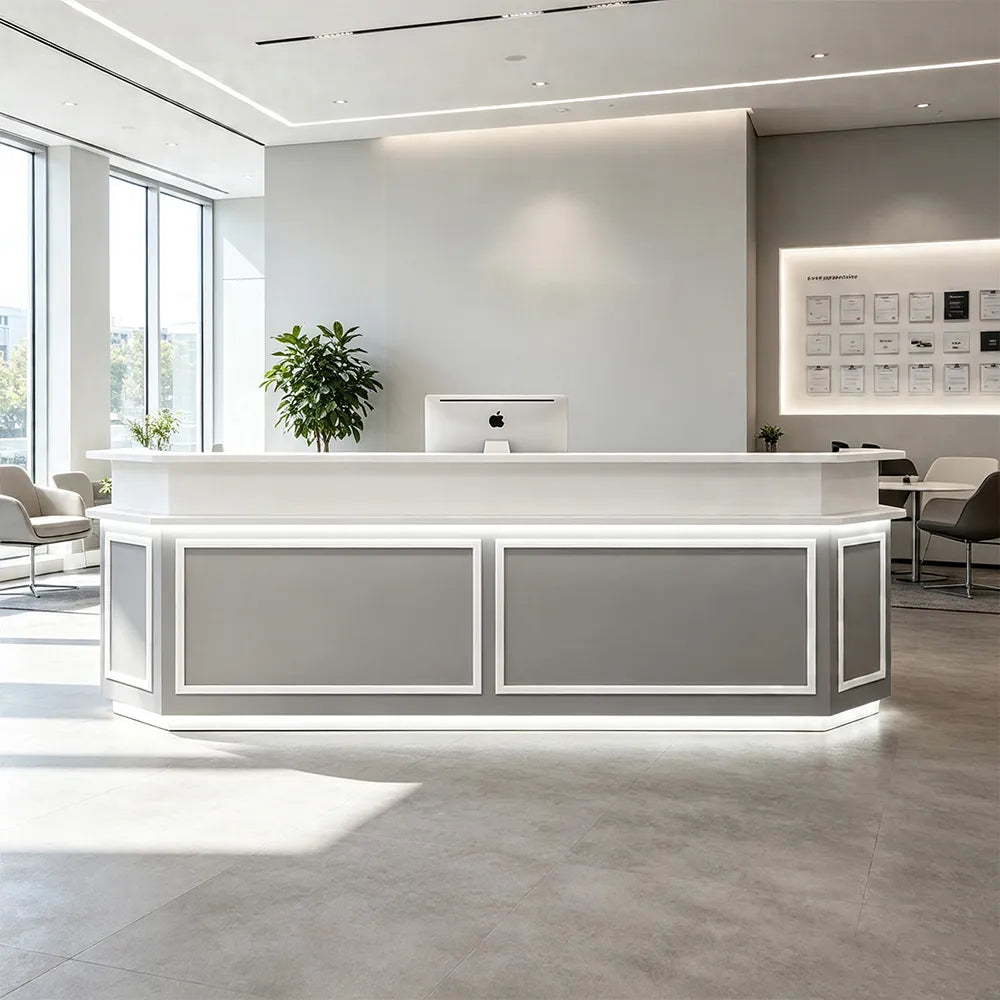 LUXORA Modern Reception Desk with LED Lighting and Panelled Front for Salon Retail Store Office - Grey & White