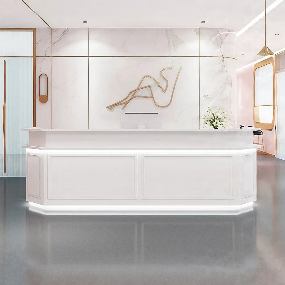 LUXORA Modern Reception Desk with LED Lighting and Panelled Front for Salon Retail Store Office -  White
