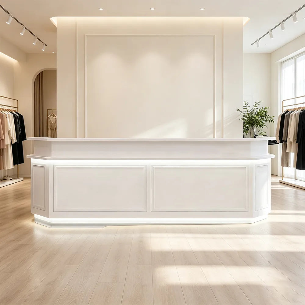 LUXORA Modern Reception Desk with LED Lighting and Panelled Front for Salon Retail Store Office -  White