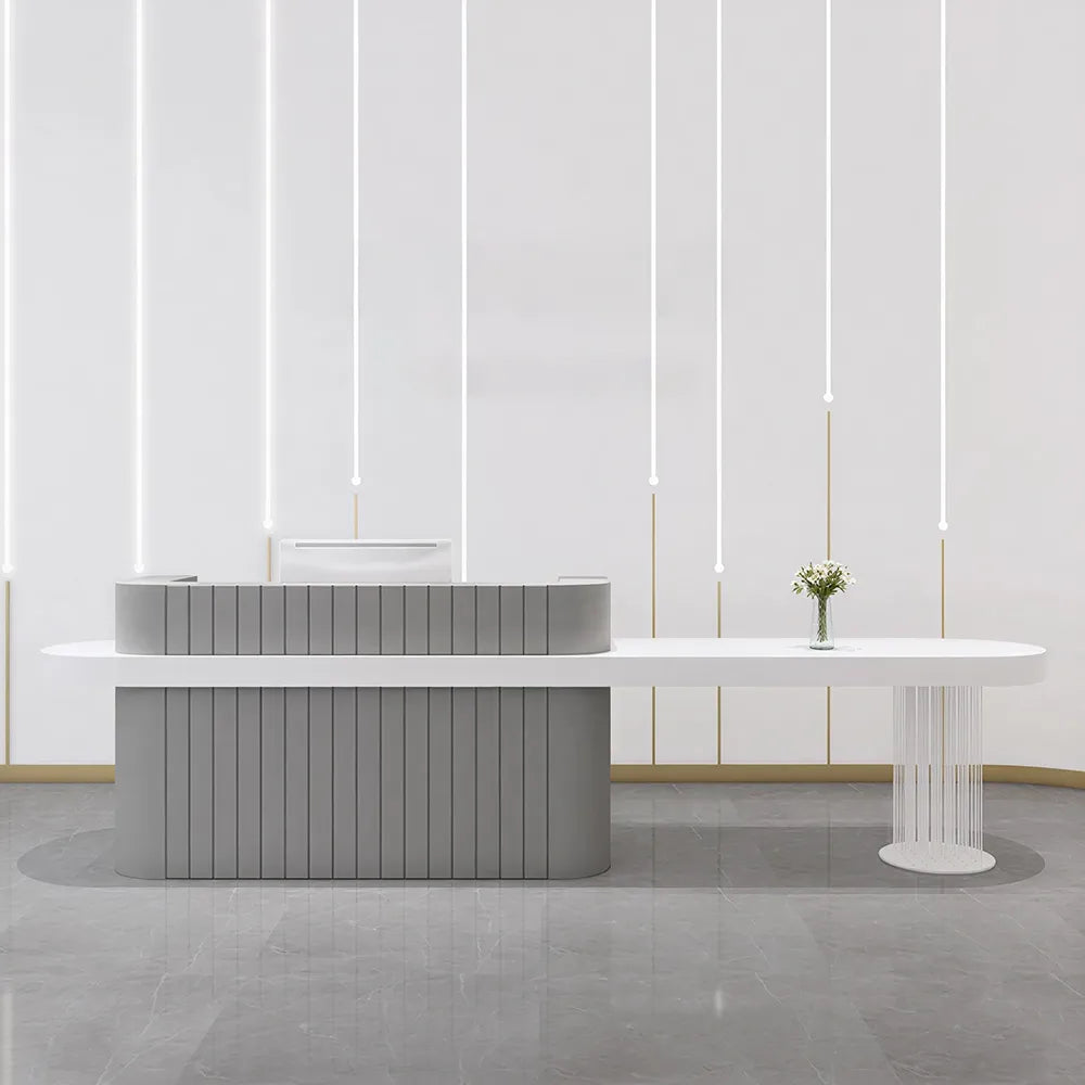 LUXORA Modern Reception Desk with Fluted Front and Extended Worktop for Office Salon Retail Store - Grey & White