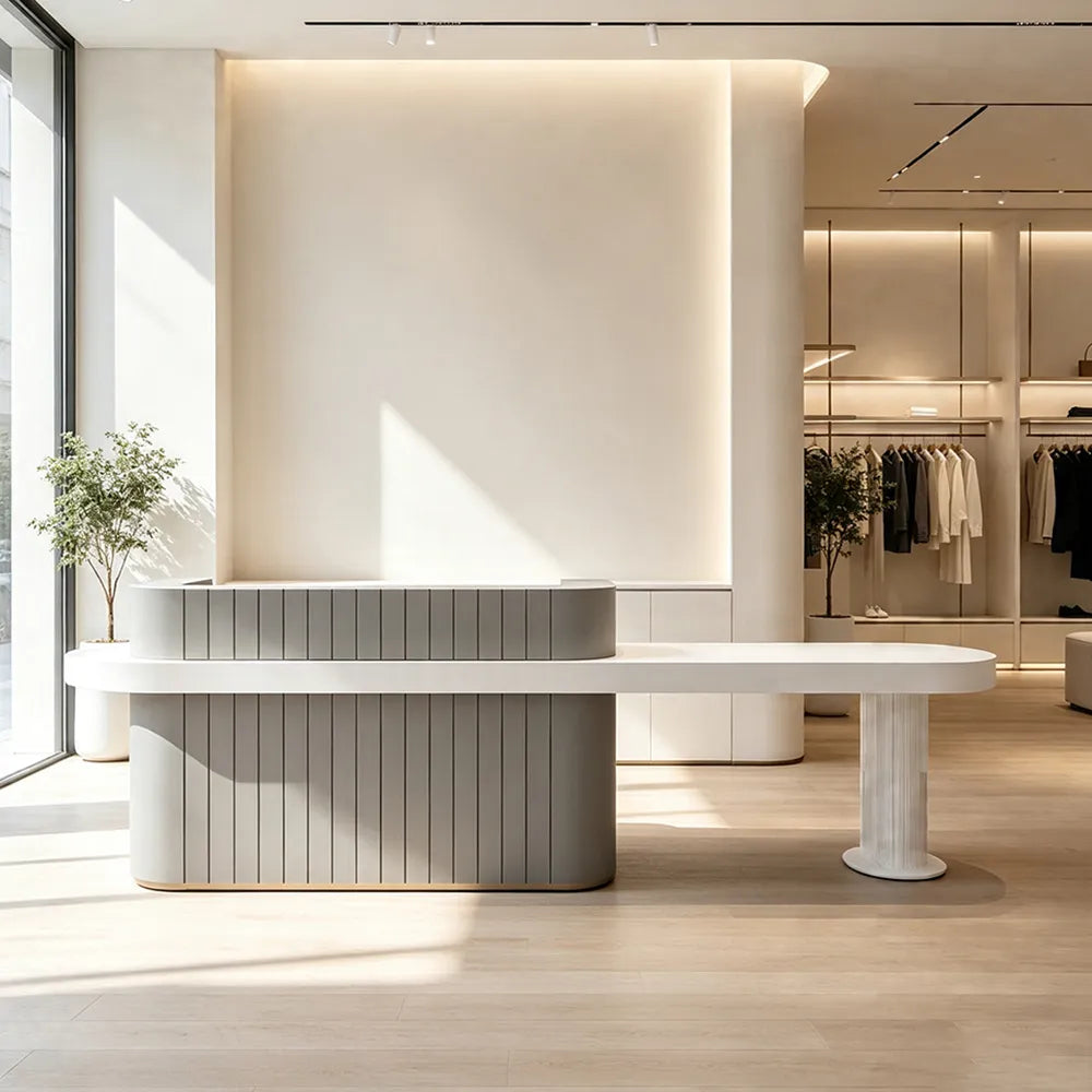 LUXORA Modern Reception Desk with Fluted Front and Extended Worktop for Office Salon Retail Store - Grey & White