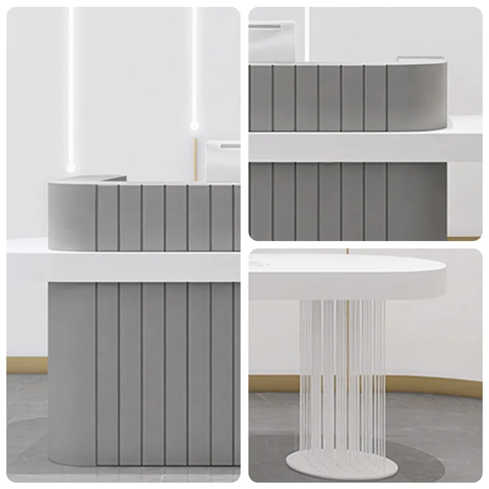 LUXORA Modern Reception Desk with Fluted Front and Extended Worktop for Office Salon Retail Store - Grey & White