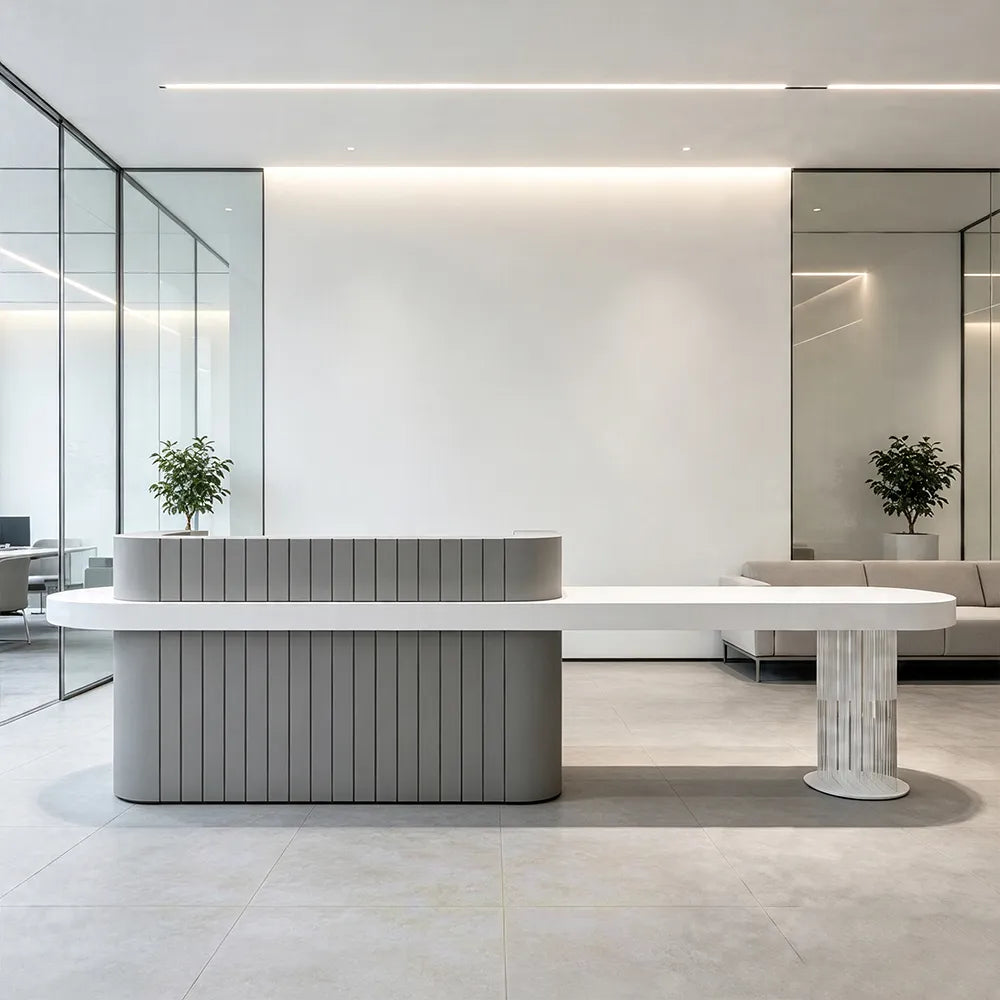 LUXORA Modern Reception Desk with Fluted Front and Extended Worktop for Office Salon Retail Store - Grey & White