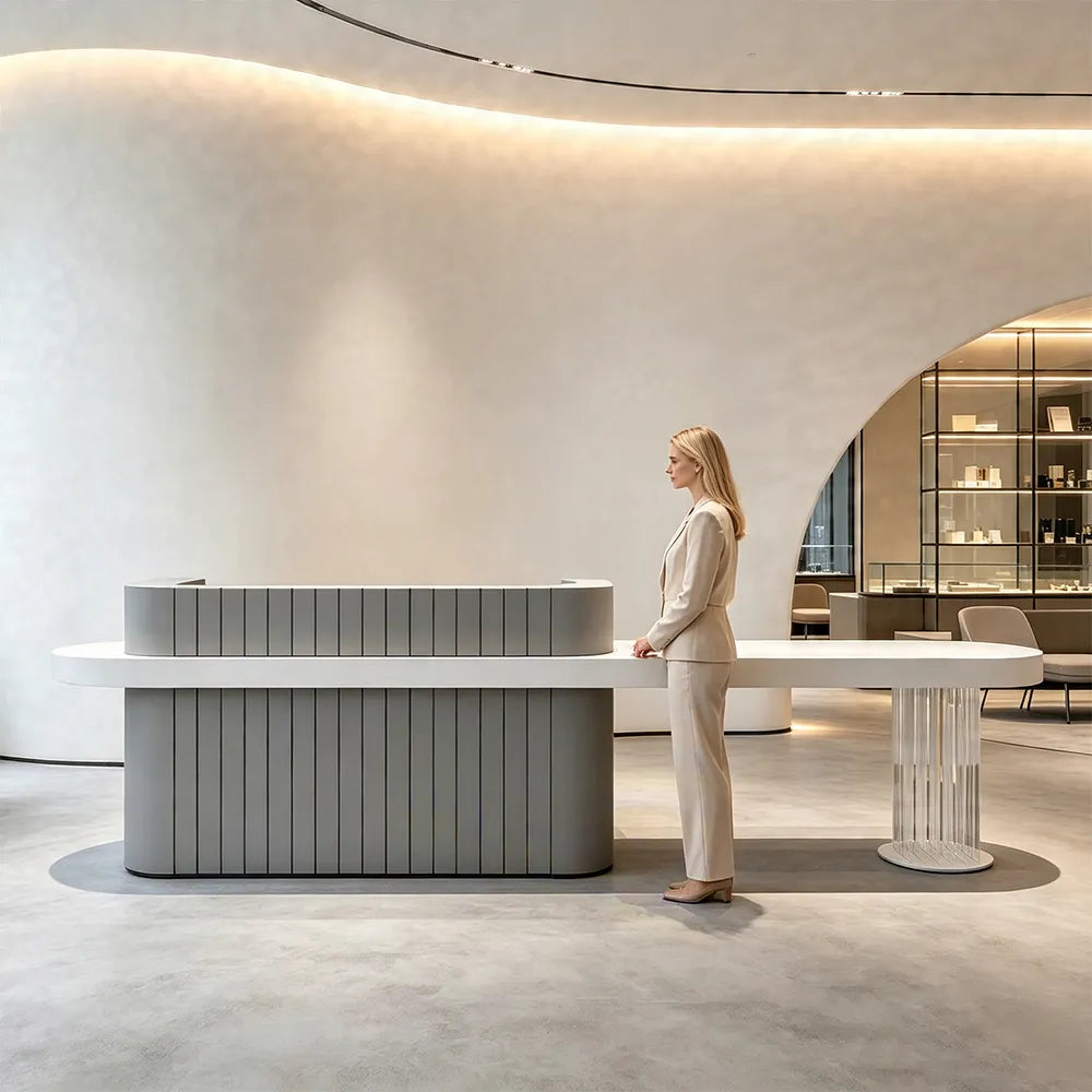 LUXORA Modern Reception Desk with Fluted Front and Extended Worktop for Office Salon Retail Store - Grey & White
