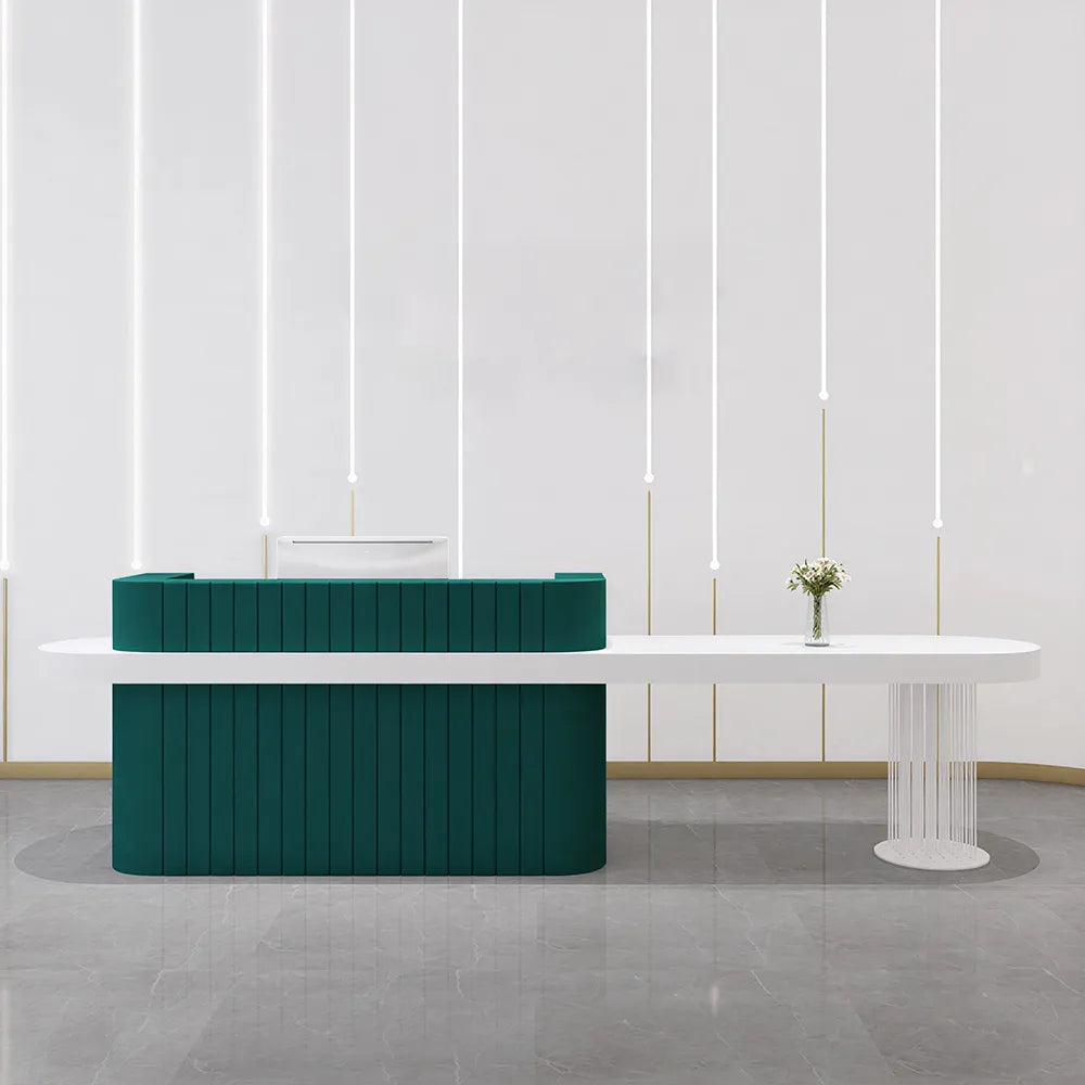 LUXORA Modern Reception Desk with Fluted Front and Extended Worktop for Office Salon Retail Store - Dark Green & White