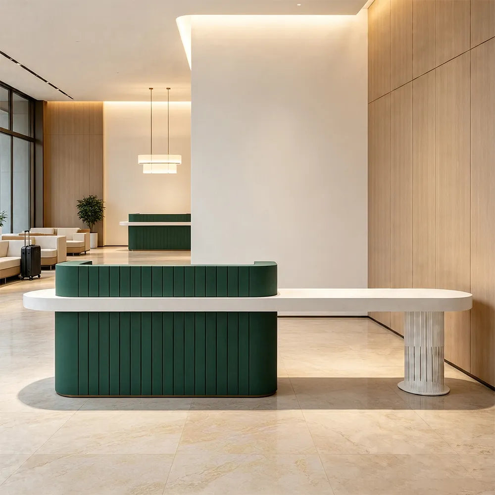LUXORA Modern Reception Desk with Fluted Front and Extended Worktop for Office Salon Retail Store - Dark Green & White