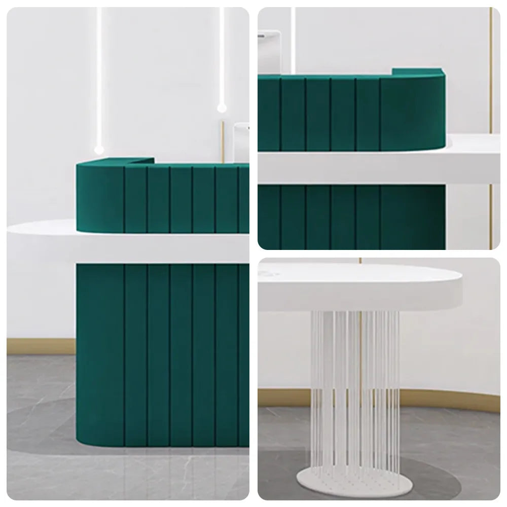 LUXORA Modern Reception Desk with Fluted Front and Extended Worktop for Office Salon Retail Store - Dark Green & White