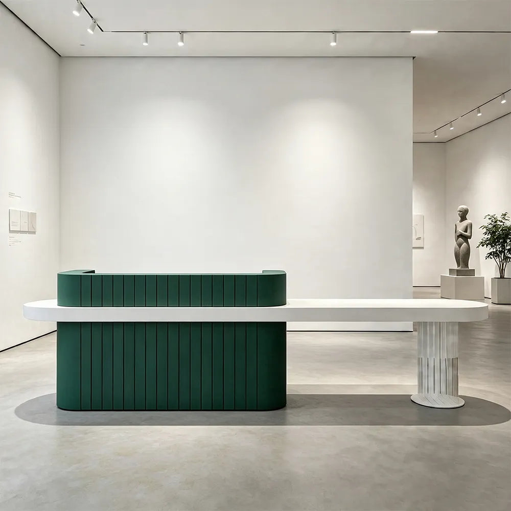 LUXORA Modern Reception Desk with Fluted Front and Extended Worktop for Office Salon Retail Store - Dark Green & White