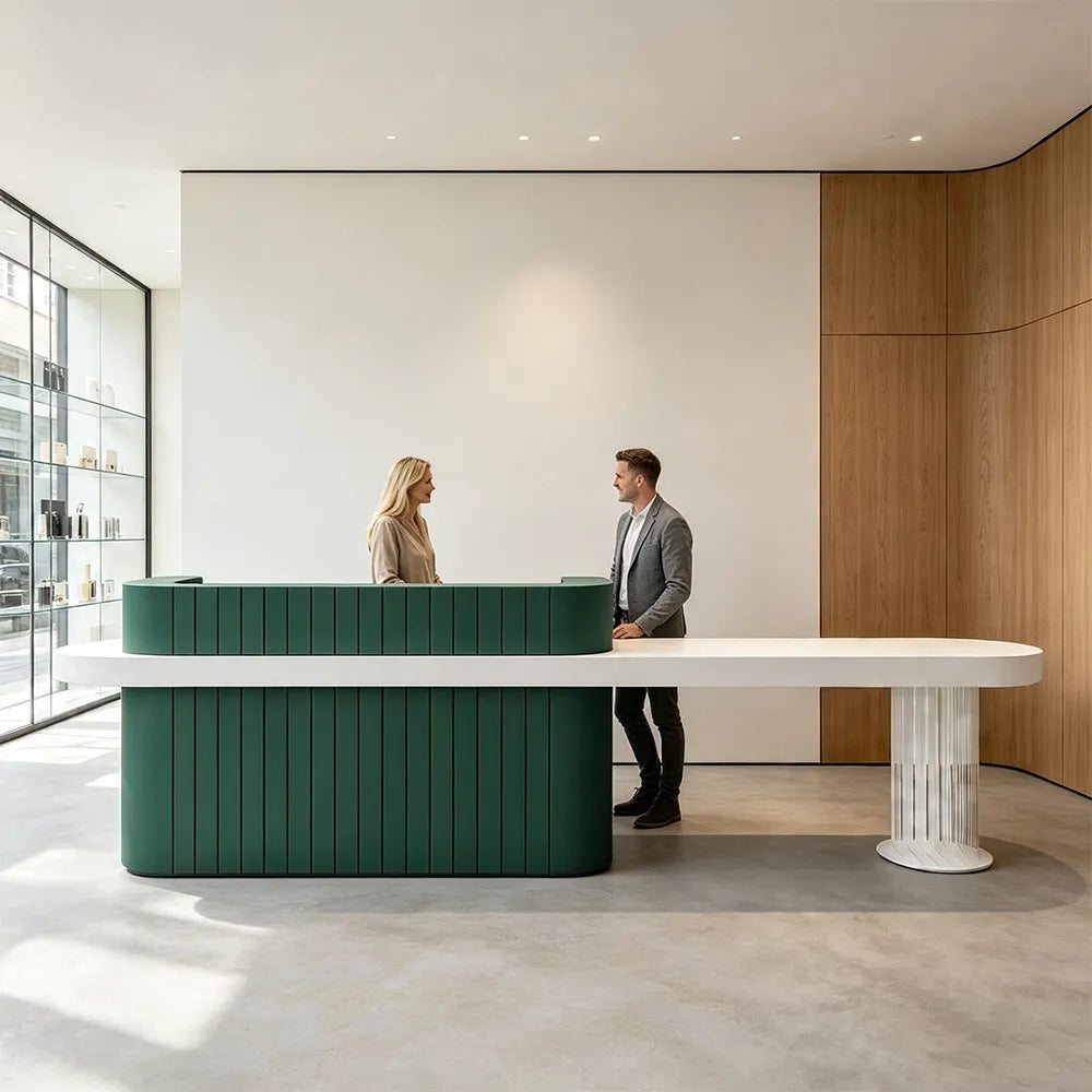 LUXORA Modern Reception Desk with Fluted Front and Extended Worktop for Office Salon Retail Store - Dark Green & White