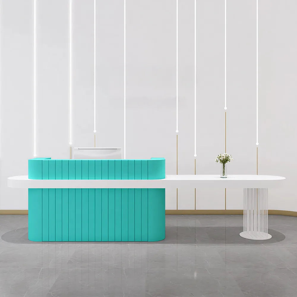 LUXORA Modern Reception Desk with Fluted Front and Extended Worktop for Office Salon Retail Store - Tiffany Blue & White