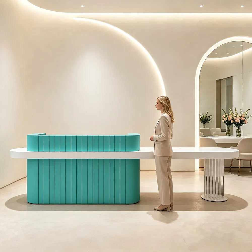 LUXORA Modern Reception Desk with Fluted Front and Extended Worktop for Office Salon Retail Store - Tiffany Blue & White
