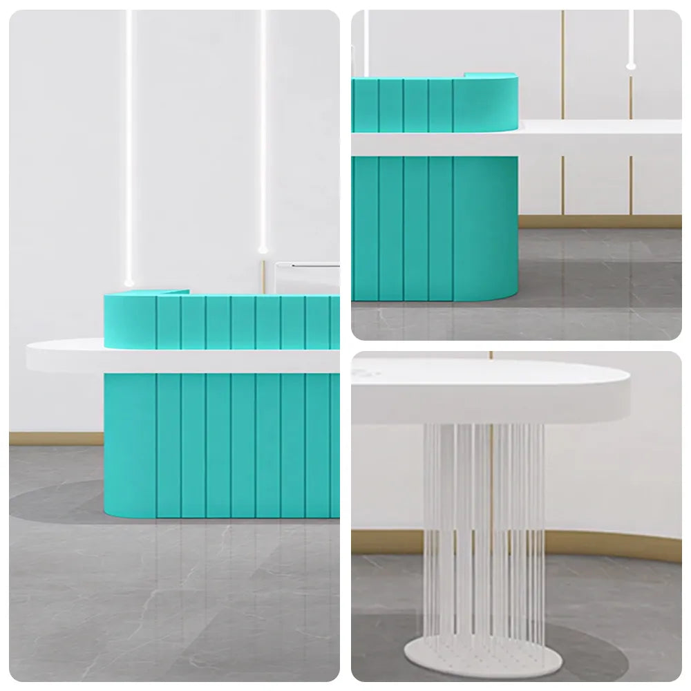 LUXORA Modern Reception Desk with Fluted Front and Extended Worktop for Office Salon Retail Store - Tiffany Blue & White
