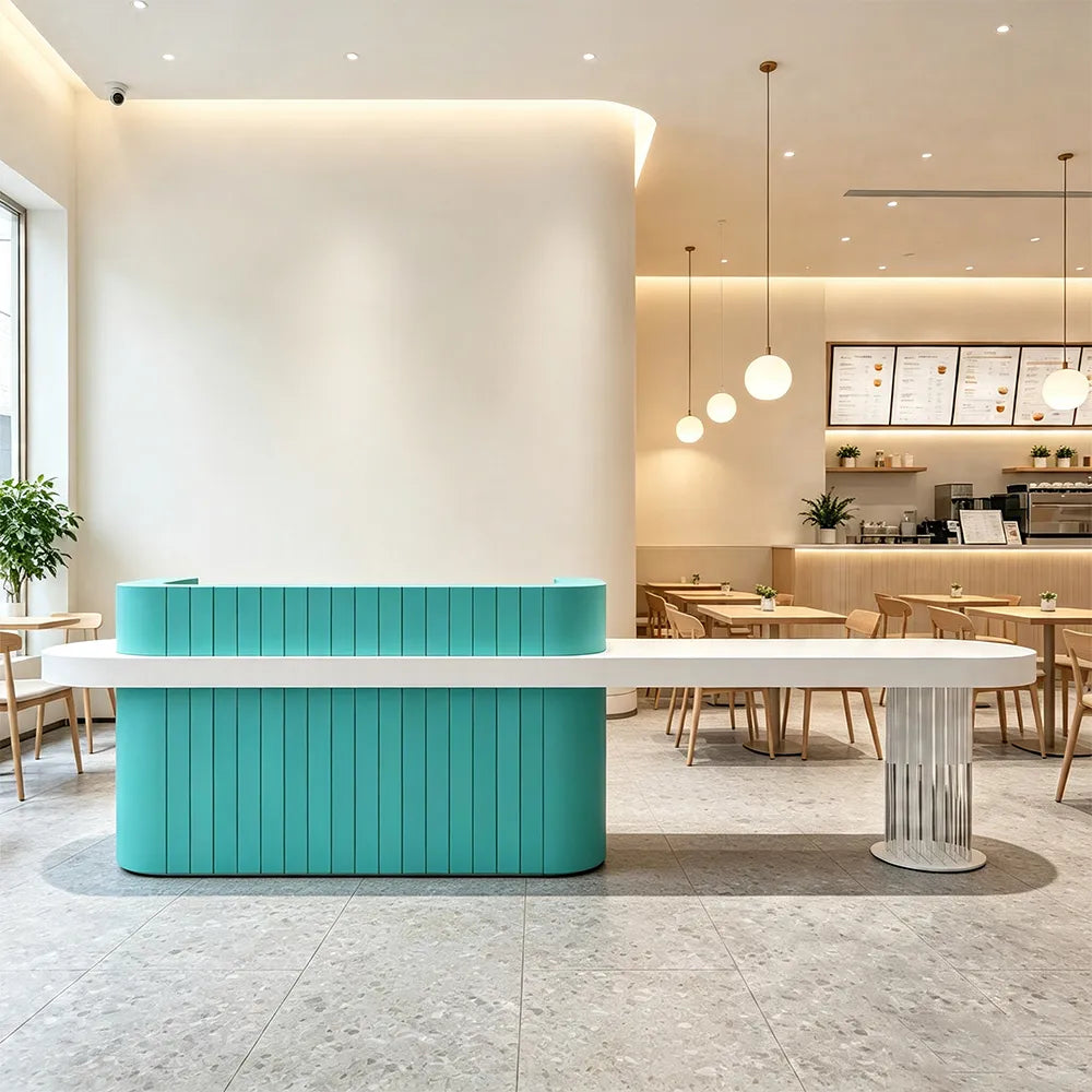 LUXORA Modern Reception Desk with Fluted Front and Extended Worktop for Office Salon Retail Store - Tiffany Blue & White